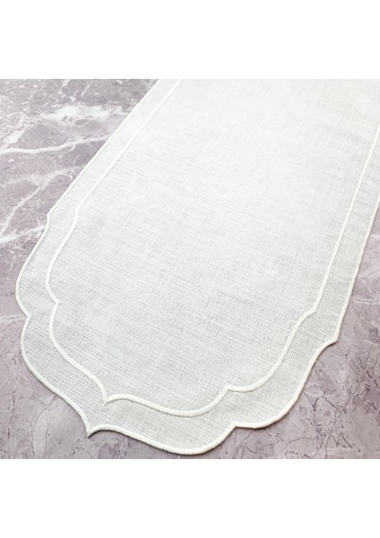 Beyaz Renkli Çift Sargı Nakışlı 40 x 140 cm Keten Efektli Runner