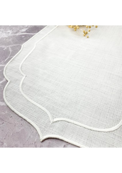 Beyaz Renkli Çift Sargı Nakışlı 40 x 140 cm Keten Efektli Runner