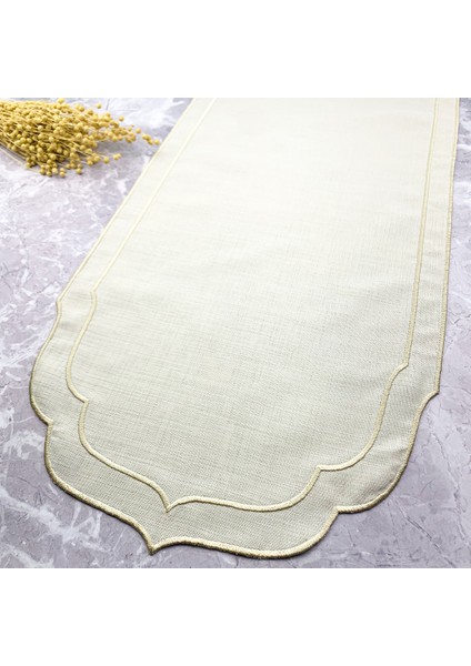 Krem Bej Renkli Bej Çift Sargı Nakışlı 40 x 140 cm Keten Efektli Runner