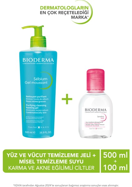 Bioderma sebium Foaming Gel Karma Ciltler Temizleme Jeli 500 ml & Misel Temizleme Suyu 100 ml