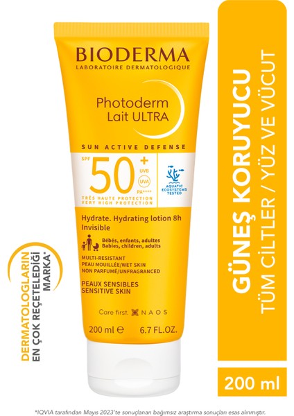 Photoderm Lait Ultra SPF50+ Tüm Ciltler için Yüksek Koruma Süt Formda Yüz, Vücut Güneş Kremi 200 ml