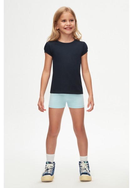 Koyu Lacivert Basic Kız Çocuk Sıfır Yaka Karpuz Kol Tişört