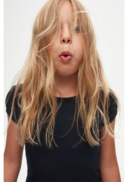 Koyu Lacivert Basic Kız Çocuk Sıfır Yaka Karpuz Kol Tişört modelleri