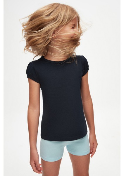 Koyu Lacivert Basic Kız Çocuk Sıfır Yaka Karpuz Kol Tişört fiyatları