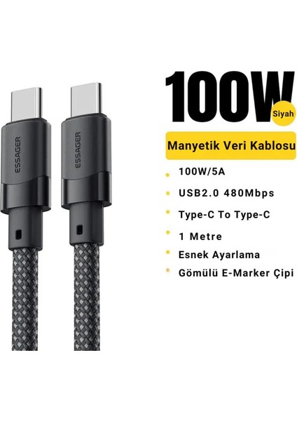Manyetik Mıknatıslı Kablo 1mt Pd 100W Type-C Şarj Kablosu 480MBPS Şarj Akım Korumalı E-Marker Cipli
