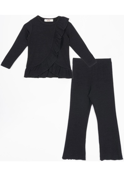 Etek Ucu Fırfırlı Ispanyol Paça Siyah Renk Kız Çocuk Takım