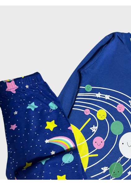 Kız Çocuk Pamuklu Lacivert Gezegen Yıldız Desenli Uzun Kollu Pijama Takımı