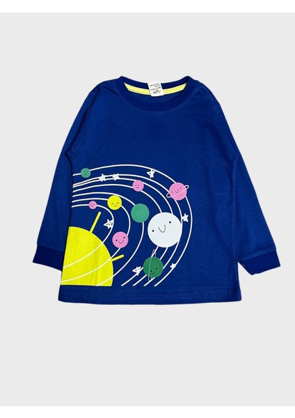 Kız Çocuk Pamuklu Lacivert Gezegen Yıldız Desenli Uzun Kollu Pijama Takımı