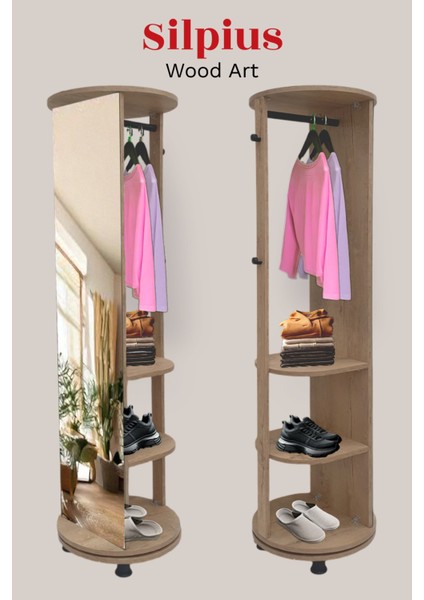 Silpius | Meşe Boy Aynalı 360 Derece Döner Portatif Çok Amaçlı Portmanto Askılık Vestiyer Organizer