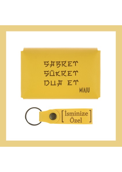 Sarı Renk, Sabret, Şükret, Dua Et, Yazılı Isme Özel, Cüzdan ve Anahtarlık Set, Akrabaya Alınacak Set fiyatları