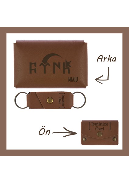 Kahve Renk, Türk ve Ayyıldız Desenli, Isme Özel, Cüzdan ve Anahtarlık Set, Dosta lik Anı