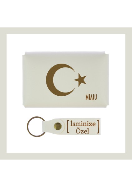 Beyaz Renk, Ayyıldız Desenli, Ismine Özel Cüzdan ve Anahtarlık lik Set, Gurur Duyanlar Için