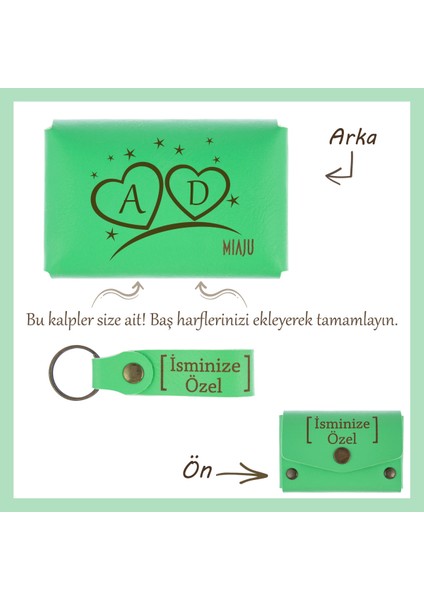 Fıstık Yeşil, Isme ve Harfe Özel, Kalpli Cüzdan ve Anahtarlık Seti, Sevgiliniz Için Eşsiz