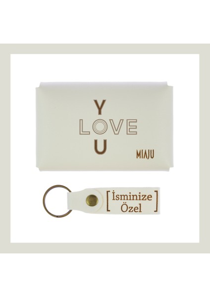 Beyaz Renk, I Love You Desen, Isme Özel Cüzdan ve Anahtarlık Seti, Değer Verdiğine Efsane