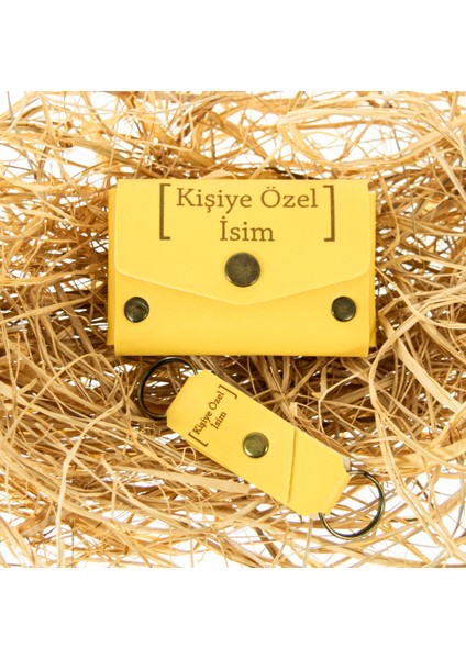 Sarı Renk, Göktürk ve Ayyıldız Desenli, Kişiye, Isme Özel Cüzdan ve Anahtarlık Set, Sevgiliye