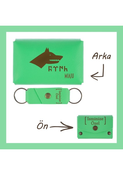 Fıstık Yeşil, Bozkurt ve Türk Desenli, Isme Özel Cüzdan ve Anahtarlık Set, Mükemmel Anı si