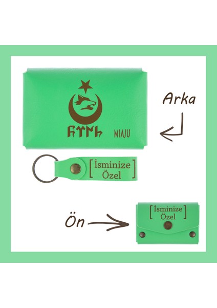 Fıstık Yeşil, Bozkurt Ay Yıldız Desenli, Isme Özel Cüzdan ve Anahtarlık Set, Mükemmel lik Anı