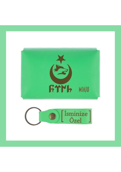 Fıstık Yeşil, Bozkurt Ay Yıldız Desenli, Isme Özel Cüzdan ve Anahtarlık Set, Mükemmel lik Anı fiyatları