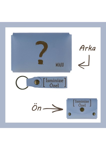 Gök Mavi, Sonsuz Merak Için, Isminize Özel Soru Işareti Desenli Cüzdan ve Anahtarlık, Anı Koleksiyon