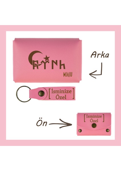 Pembe Renk, Göktürkçe Türk Yazılı, Isme Özel Kişisel Cüzdan ve Anahtarlık Set, Zarif Hatıra,