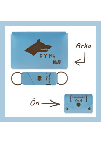 Açık Mavi, Bozkurt ve Türk Motifli, Isme Özel Cüzdan ve Anahtarlık Set, Arkadaşa Unutulmaz