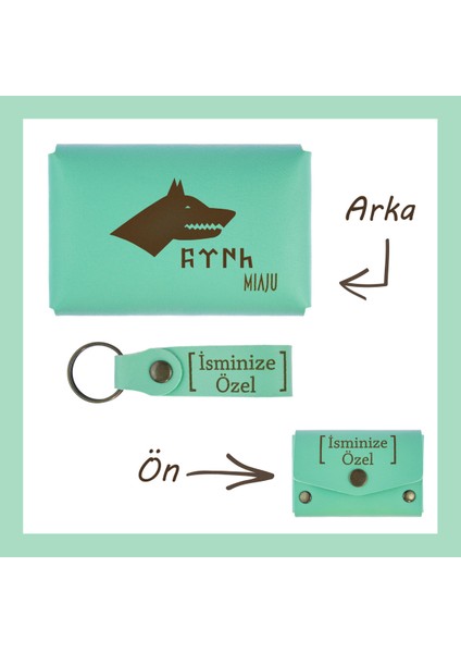Açık Yeşil, Bozkurt ve Türk Desenli, Isme Özel Cüzdan ve Anahtarlık Set, Akrabaya Özel lik