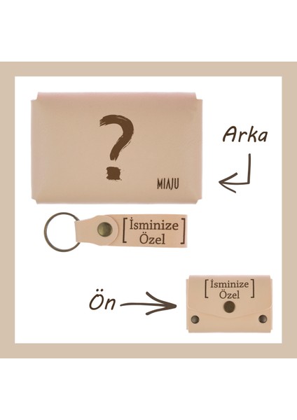 Pudra Renk, Cevap Bulamayanlar Için Soru Işareti Desenli, Isme Özel, Cüzdan ve Anahtarlık Seti