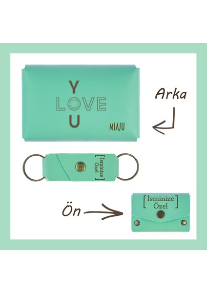 Açık Yeşil, I Love You Desenli, Isme Özel Cüzdan ve Anahtarlık Set, Akrabaya Aksesuar