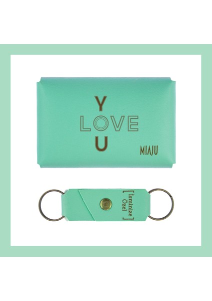 Açık Yeşil, I Love You Desenli, Isme Özel Cüzdan ve Anahtarlık Set, Akrabaya Aksesuar fiyatları