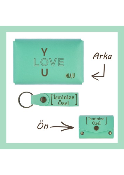 Açık Yeşil, I Love You Desenli, Isme Özel Cüzdan ve Anahtarlık Set, Akrabaya Özel lik