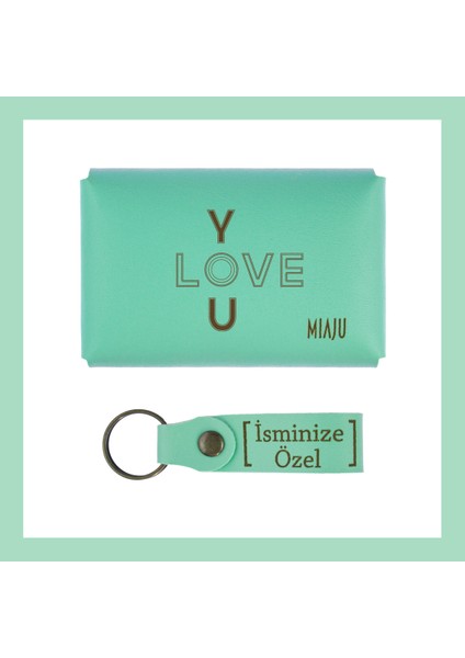 Açık Yeşil, I Love You Desenli, Isme Özel Cüzdan ve Anahtarlık Set, Akrabaya Özel lik fiyatları