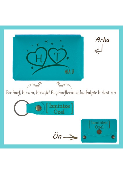 Koyu Turkuaz, Sevgiililere Özel Tasarım! Isme ve Harfe Özel Çift Kalpli Cüzdan & Anahtarlık Seti