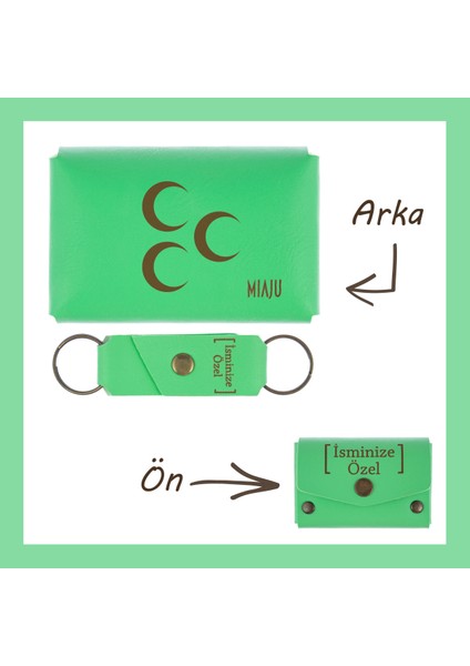 Fıstık Yeşil, Üç Hilal Desenli, Isme Özel Cüzdan ve Anahtarlık Set, Mükemmel Aksesuar Takım