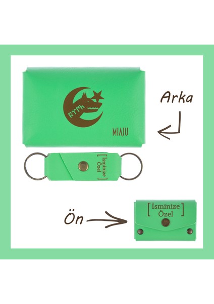Fıstık Yeşil, Bozkurt ve Hilal Desenli, Isme Özel Cüzdan ve Anahtarlık Set, Mükemmel Anı si