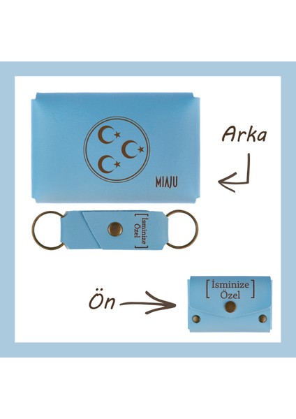 Açık Mavi, Üç Hilal ve Yıldız Motifli, Isme Özel Cüzdan ve Anahtarlık Set, Arkadaşa Unutulmaz