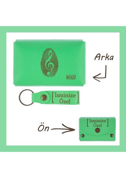 Fıstık Yeşil, Müzik Desenli Isminize Özel Cüzdan ve Anahtarlık Set, Sevdiğin Için Unutulmaz Aksesuar