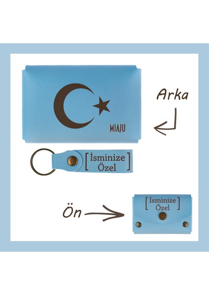 Açık Mavi, Ay Yıldız Desenli, Isme Özel, Cüzdan ve Anahtarlık Set, lik Anı, Eşsiz Hatıra