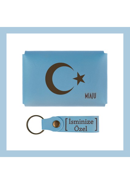 Açık Mavi, Ay Yıldız Desenli, Isme Özel, Cüzdan ve Anahtarlık Set, lik Anı, Eşsiz Hatıra fiyatları