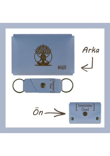 Gök Mavi, Hayat Ağacı Armalı, Kişiselleştirilebilir Özel Hatıra Cüzdan ve Anahtarlık Set, lik