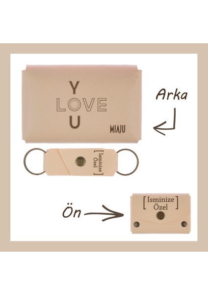 Pudra Renk, I Love You, Isme Özel Cüzdan ve Anahtarlık Set, Ona Çok Özel, Unutulmaz