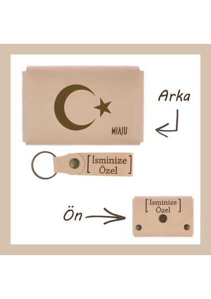 Pudra Renk, Ayyıldız Desenli, Isme Özel Kişisel Cüzdan ve Anahtarlık Set, Bayrak Seven Dost si