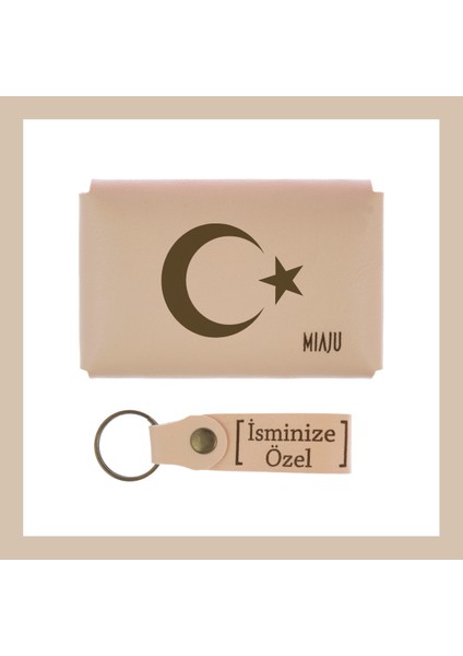 Pudra Renk, Ayyıldız Desenli, Isme Özel Kişisel Cüzdan ve Anahtarlık Set, Bayrak Seven Dost si fiyatları