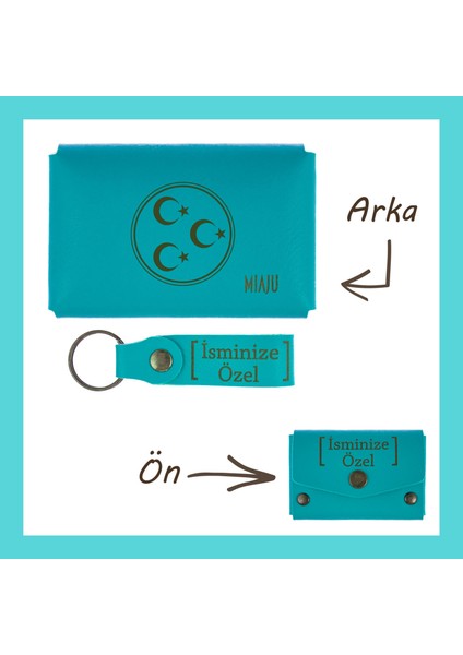 Koyu Turkuaz, Köklerinden Güç Alan, Hilal ve Yıldız Desenli, Isme Özel Cüzdan ve Anahtarlık Set