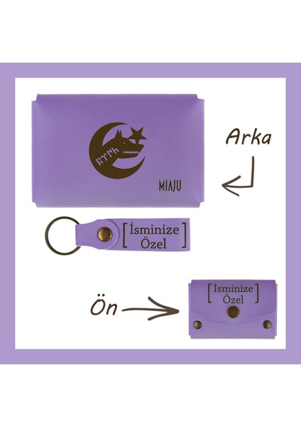 Mor Menekşe, Bozkurt ve Ay Yıldız Desenli, Isme Özel Cüzdan ve Anahtarlık Set, Gurur Duyanlara Özel