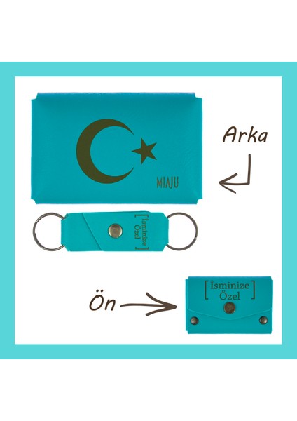 Koyu Turkuaz, Hilal ve Yıldız Desenli, Isme Özel Cüzdan & Anahtarlık Set, Türk Kimliği Taşıyanlara