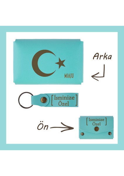Turkuaz, Ayyıldız Desenli, Isme Özel Cüzdan ve Anahtarlık Set, Değer Verdiğine Eşsiz Kişisel