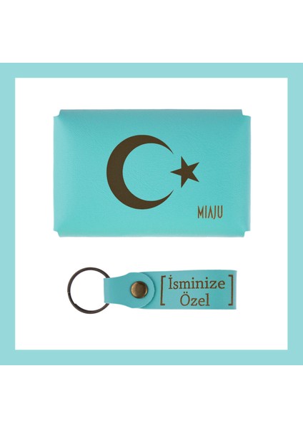 Turkuaz, Ayyıldız Desenli, Isme Özel Cüzdan ve Anahtarlık Set, Değer Verdiğine Eşsiz Kişisel fiyatları