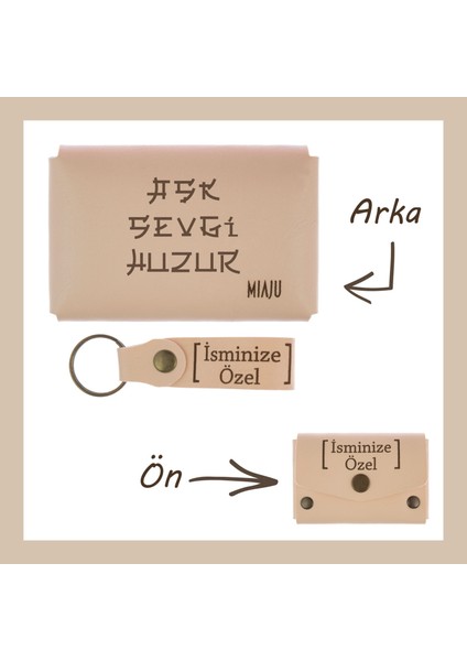 Pudra Renk, Aşk Sevgi Huzur Yazılı Isme Özel, Cüzdan ve Anahtarlık Set, Herkese Uygun lik Anı