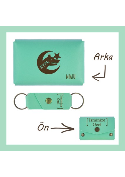 Açık Yeşil, Bozkurt ve Hilal Desenli, Isme Özel Cüzdan ve Anahtarlık Set, Akrabaya Aksesuar