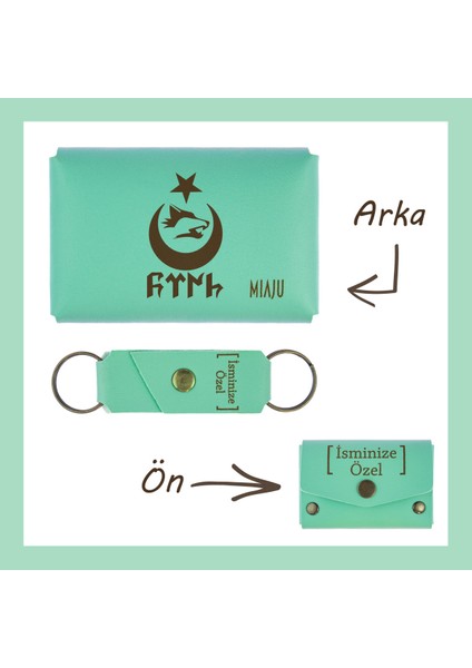 Açık Yeşil, Bozkurt Ay Yıldız Desenli, Isme Özel Cüzdan ve Anahtarlık Set, Akrabaya Aksesuar